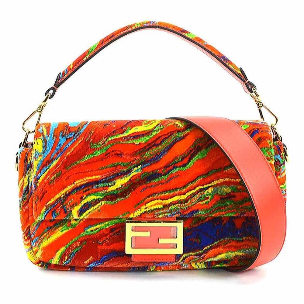 Fendi Baguette Shoulder Bag Leather Orange Multicolored Gold AGXL